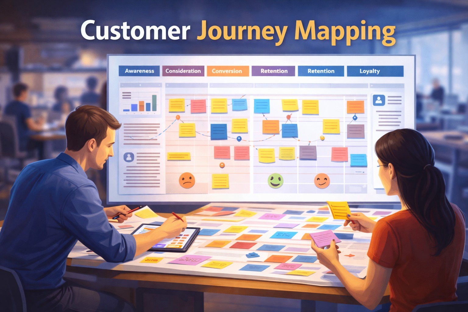 Illustration of a team working together on a customer journey map with phases, notes and emotions.