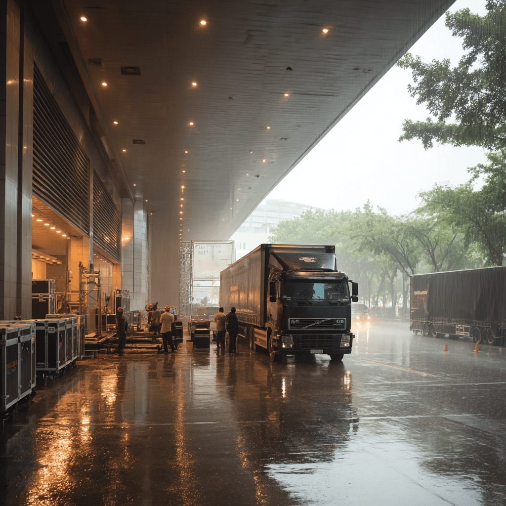 Trade fair delivery in heavy rain: lorries and employees at the loading bay under the hall's roof.