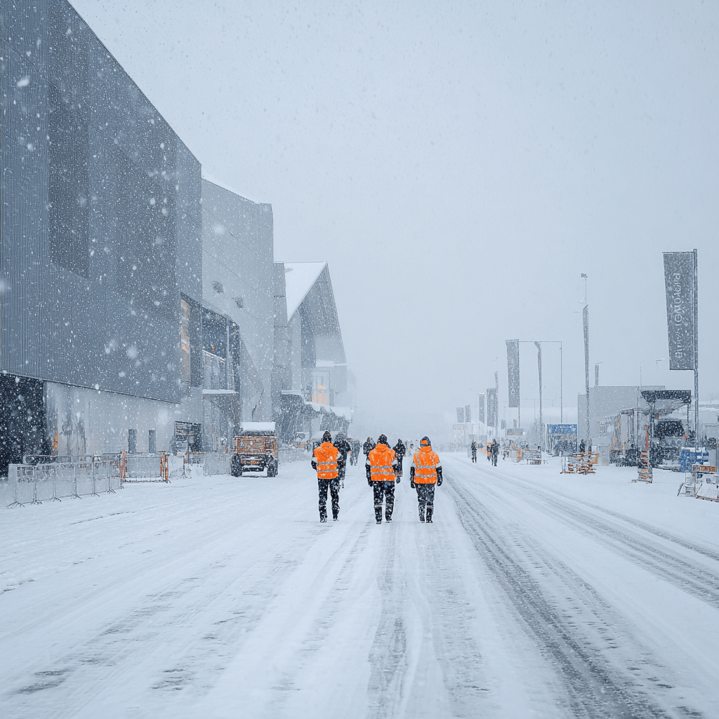 The wintery exhibition centre is blanketed in heavy snow. Employees are securing the paths between the halls and the logistics areas.