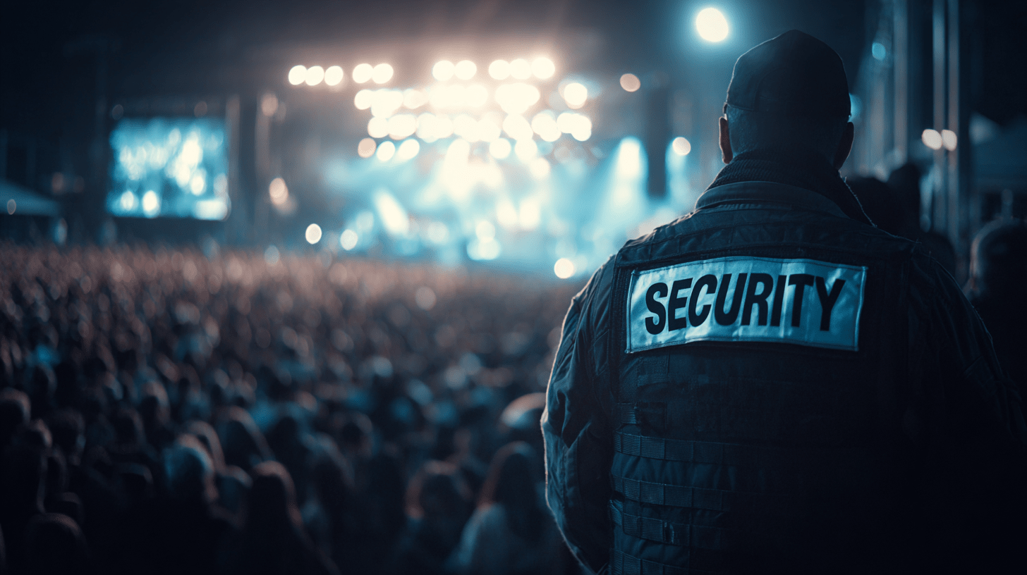 A security guard looks at the large crowd in front of the illuminated stage.