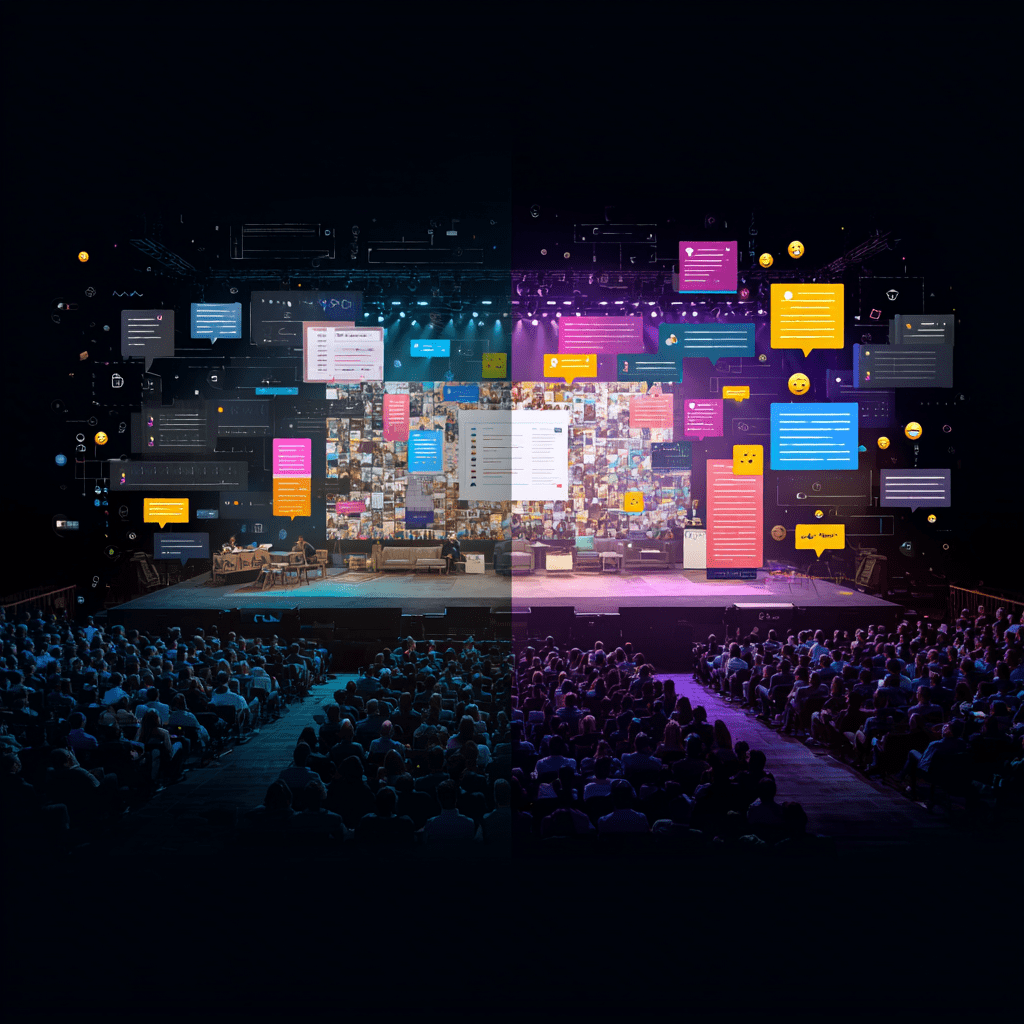 Large-scale event with digital stage production, interactive social media elements and a live audience in the hall