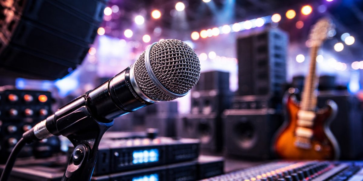 Nahaufnahme eines Mikrofons vor Mischpult, Lautsprechern und Bühne im bunten Licht