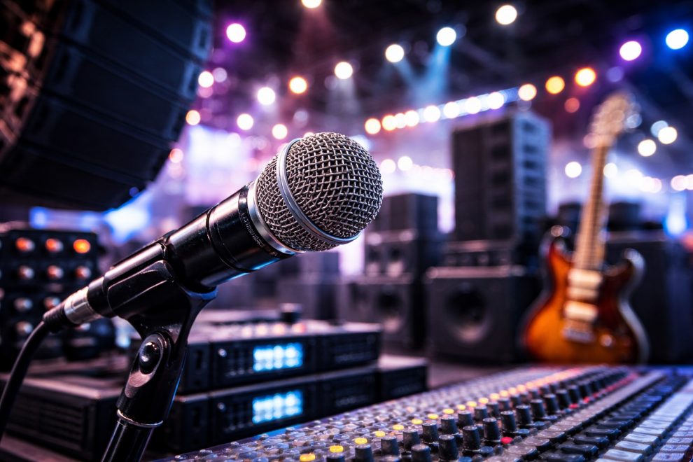 Nahaufnahme eines Mikrofons vor Mischpult, Lautsprechern und Bühne im bunten Licht