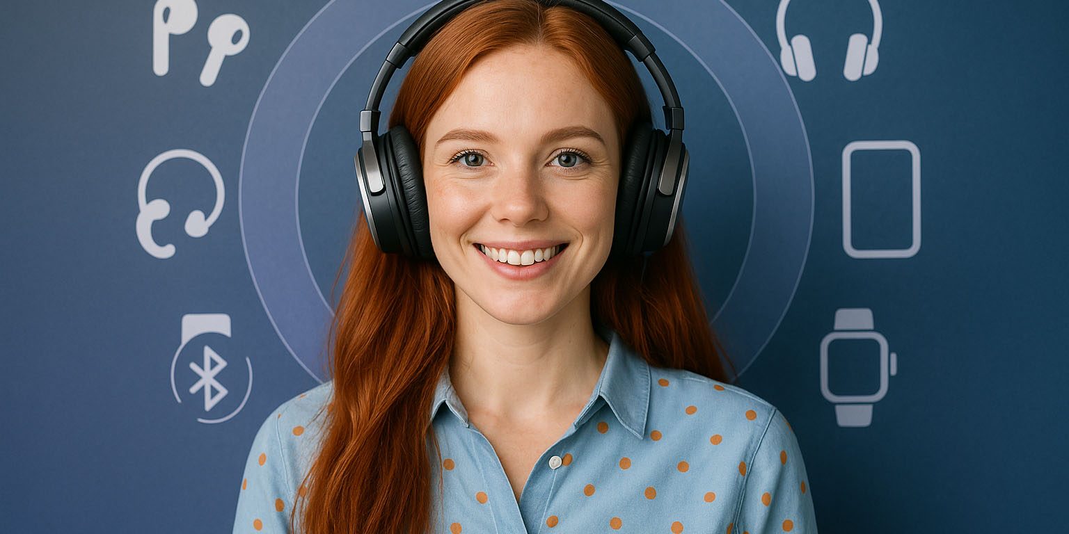 Auracast Bluetooth Standard Das Bild zeigt eine junge Frau mit langen, roten Haaren, die freundlich in die Kamera lächelt und große, kabellose Over-Ear-Kopfhörer trägt. Sie hat ein hellblaues Hemd mit orangefarbenen Punkten an. Der Hintergrund ist modern gestaltet und verläuft in einem sanften Violett-Blau-Farbverlauf. Hinter ihrem Kopf ist ein transparenter, kreisförmiger Ring platziert, auf dem verschiedene Symbole angeordnet sind, die In-Ear-Kopfhörer, Over-Ear-Kopfhörer, Hörgeräte, Smartphones, Tablets und Smartwatches darstellen. Ergänzt durch ein zentrales Bluetooth-Symbol vermittelt die Bildkomposition einen freundlichen, technologieorientierten Eindruck und verdeutlicht die vielseitige, drahtlose Verbindung zu unterschiedlichen Audiogeräten im Sinne von Auracast und LE Audio.