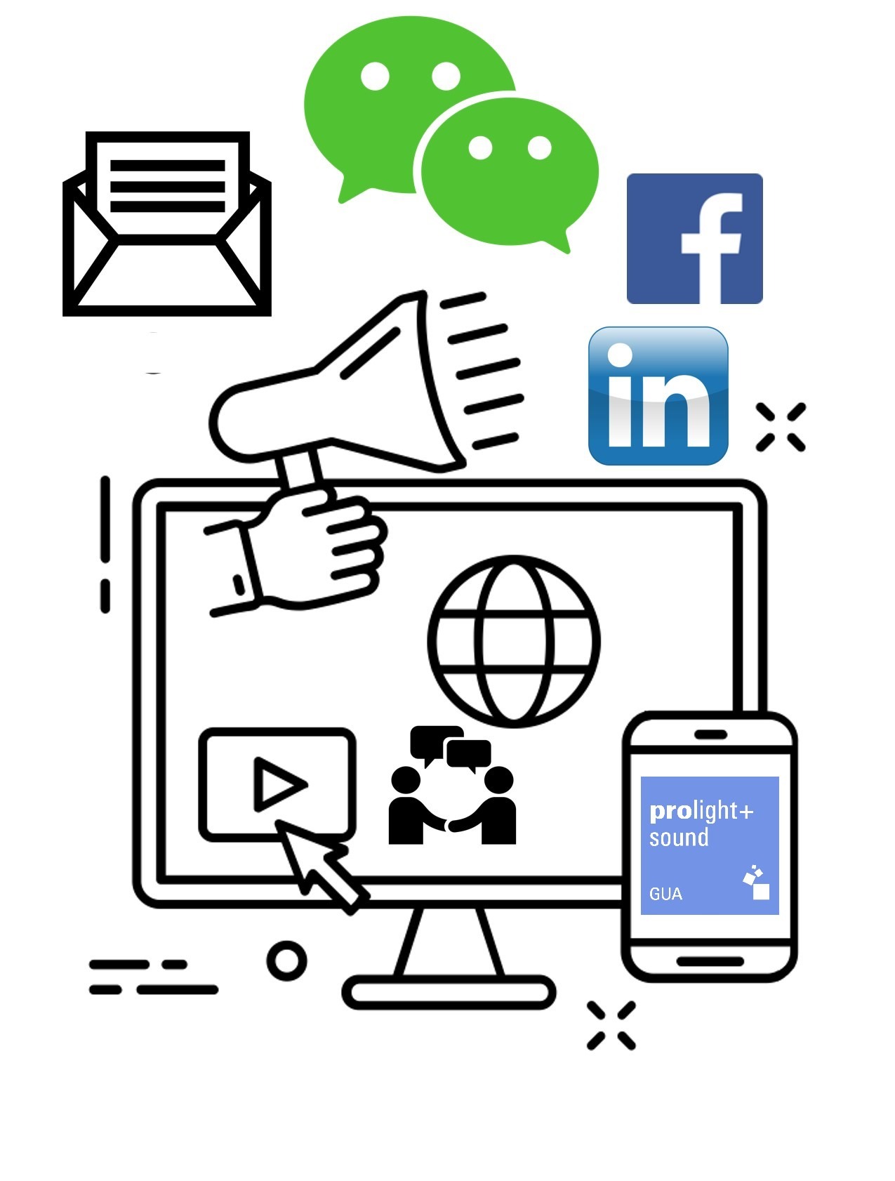 Illustration zu digitalen Marketing und Kommunikationsservices für Aussteller.