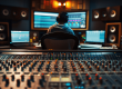 Toningenieur sitzt vor Bildschirmen und einem großen Mischpult im Studio.