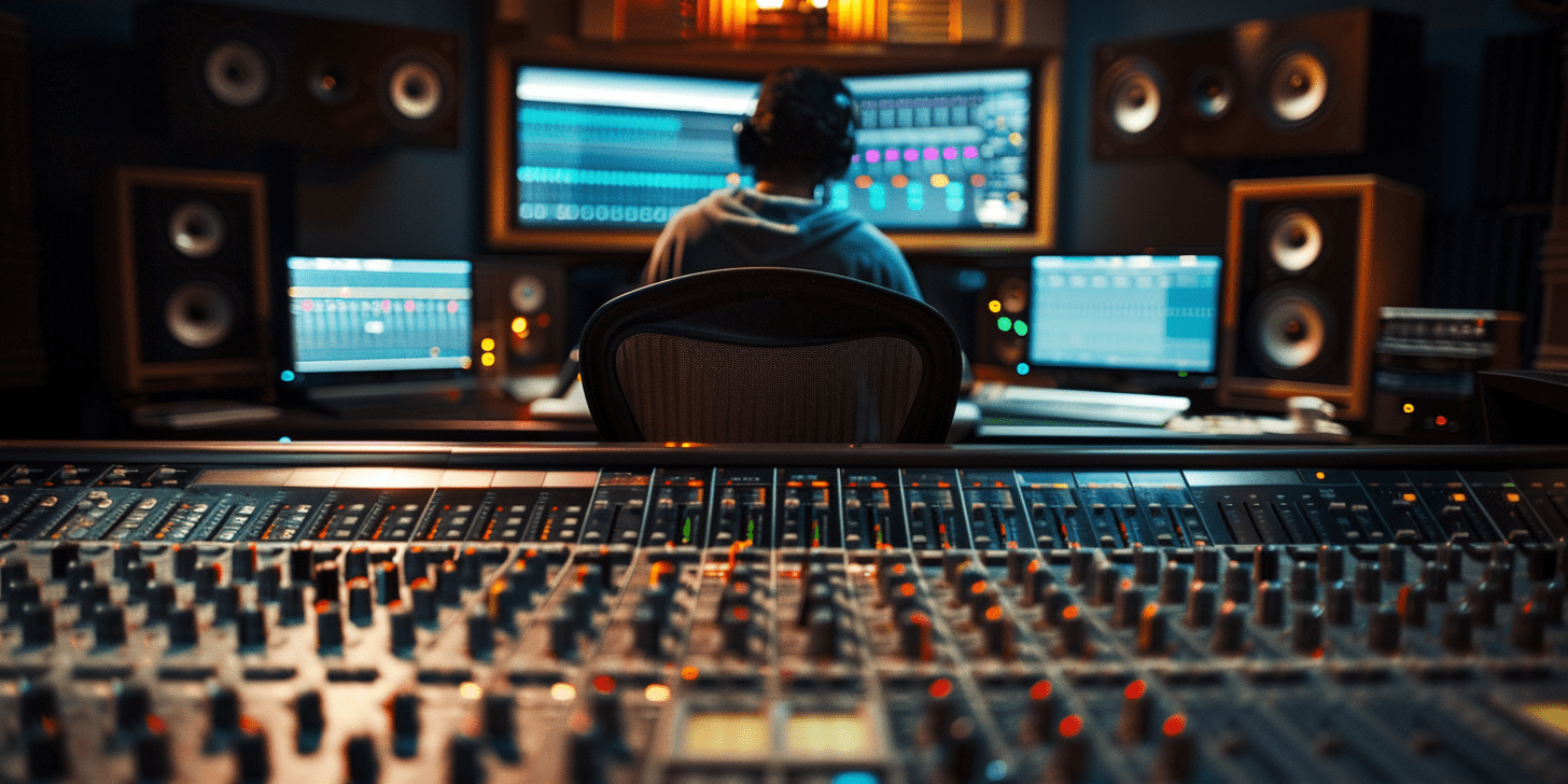 beitragsbild_ki_in_der_audioproduktion Toningenieur sitzt vor Bildschirmen und einem großen Mischpult im Studio.