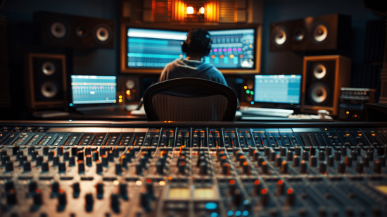 Toningenieur sitzt vor Bildschirmen und einem großen Mischpult im Studio.
