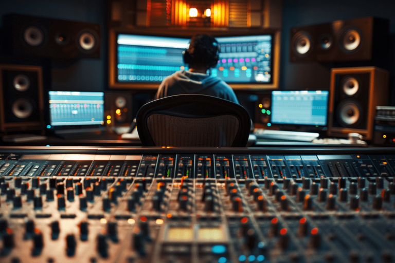 Toningenieur sitzt vor Bildschirmen und einem großen Mischpult im Studio.