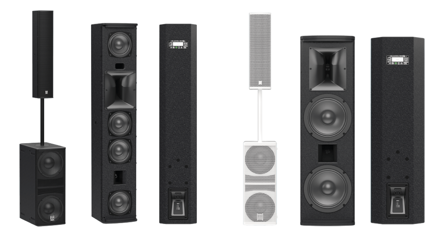 Verschiedene Lautsprecher der Martin Audio BlacklineQ Serie in Schwarz und Weiß, frontal dargestellt.