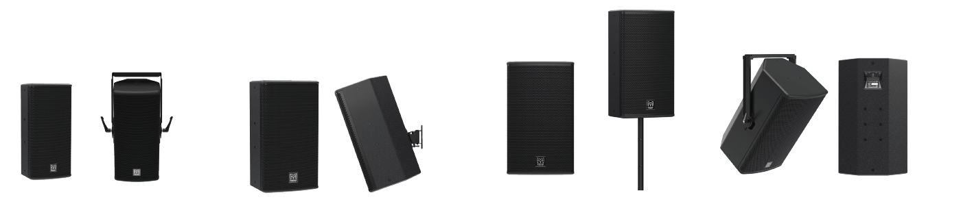 Mehrere Martin Audio BlacklineQ Lautsprecher in verschiedenen Montagewinkeln und -positionen.