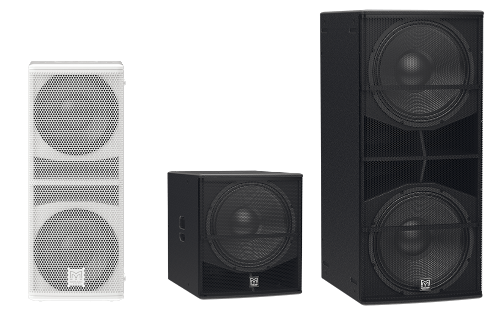 Drei Martin Audio BlacklineQ Subwoofer in Weiß und Schwarz, frontal nebeneinander dargestellt.