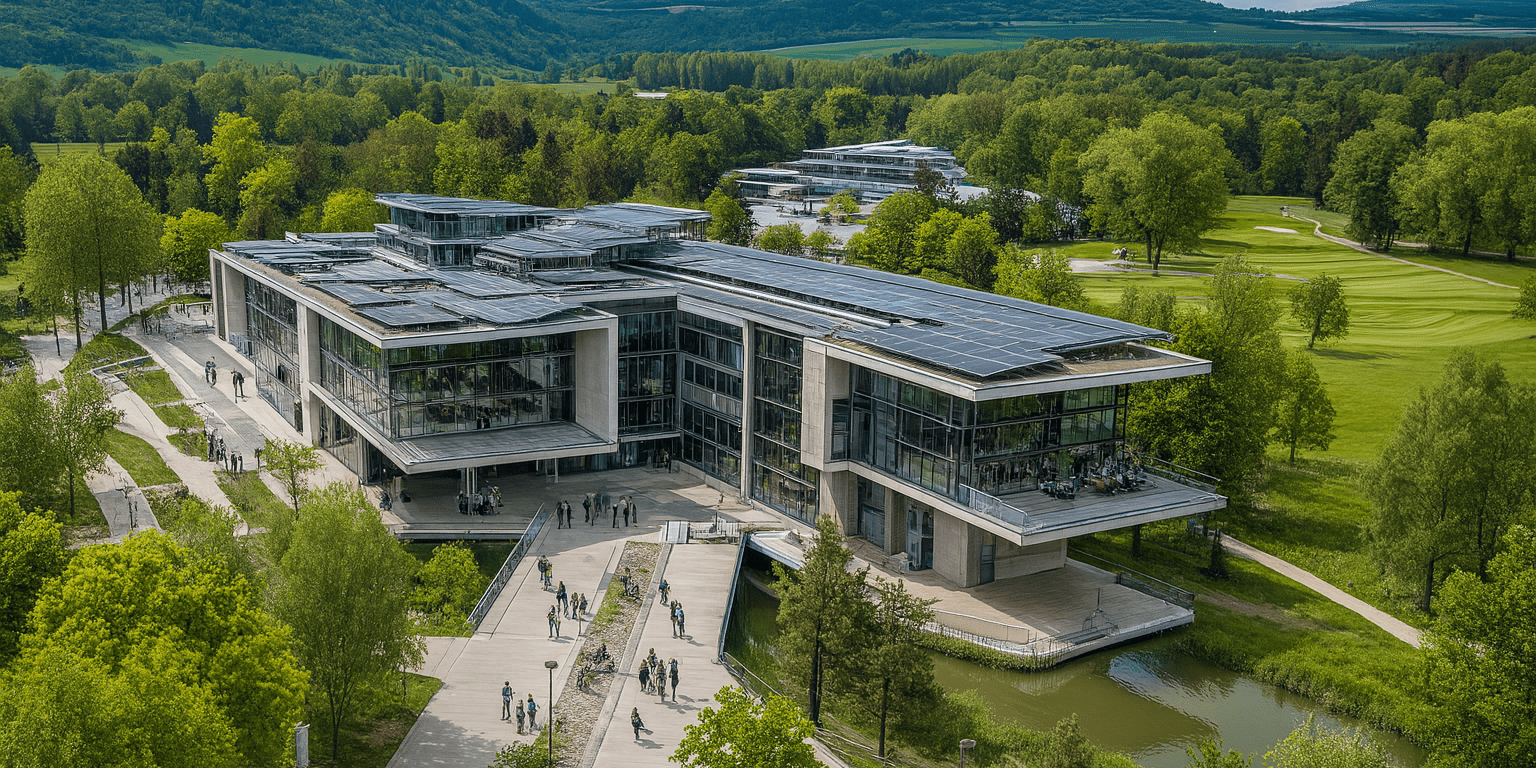 Modernes Veranstaltungsgebäude mit Solarpanels in grüner Landschaft als Symbol für nachhaltige Events mit dem Umweltzeichen Blauer Engel