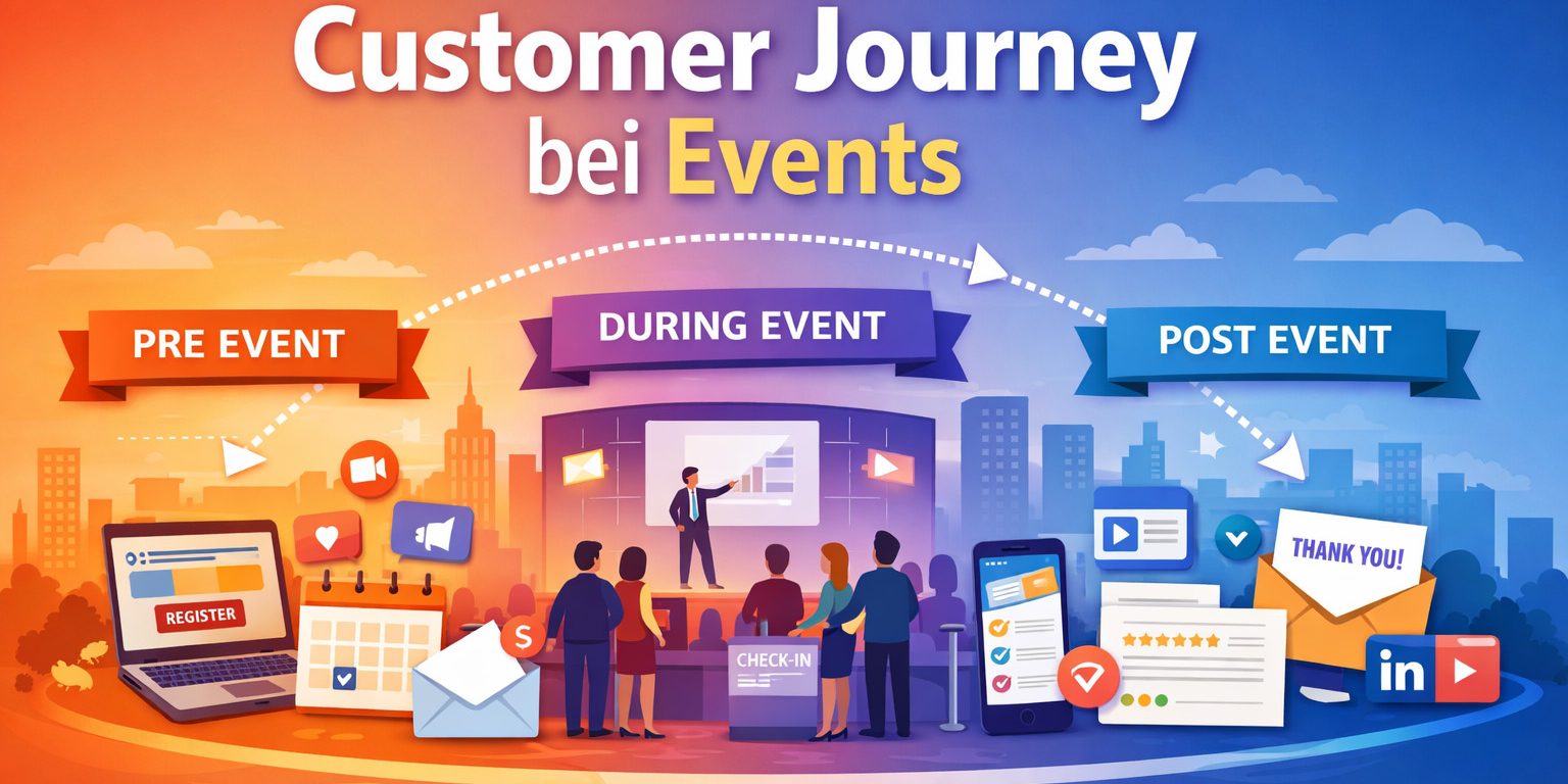 customer-journey-events Illustration der Customer Journey bei Events mit Phasen Pre Event, During Event und Post Event.