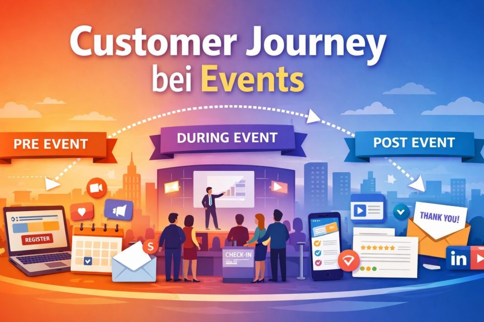 Illustration der Customer Journey bei Events mit Phasen Pre Event, During Event und Post Event.