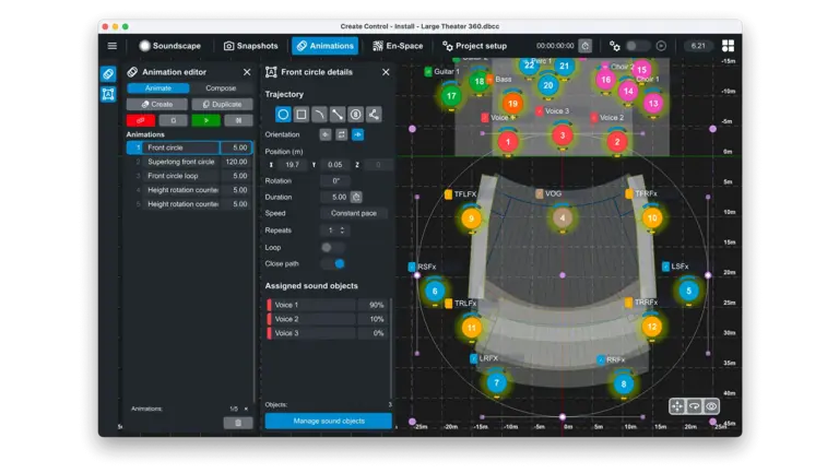 Screenshot der d&b Create.Control Software mit Bühnenansicht und animierten Klangobjekten.