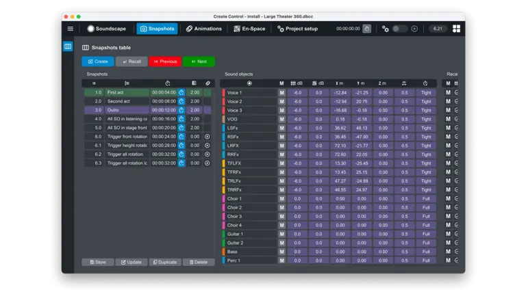 Screenshot der d&b Create.Control Software mit Snapshot- und Soundobjekt-Tabellen.
