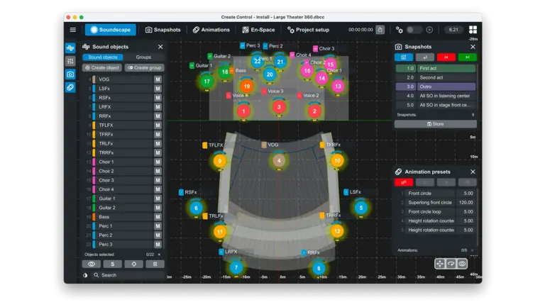 Screenshot der d&b Create.Control Software mit Bühnenplan und markierten Klangquellen.