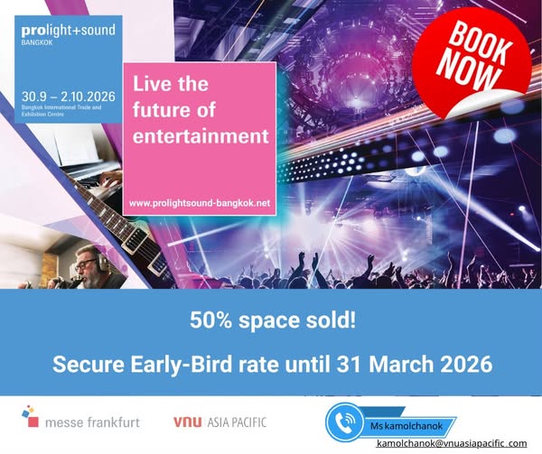 Werbegrafik zur Prolight + Sound Bangkok: Bühne, Crowd, „Book Now“, Early-Bird und 50 % ausverkauft