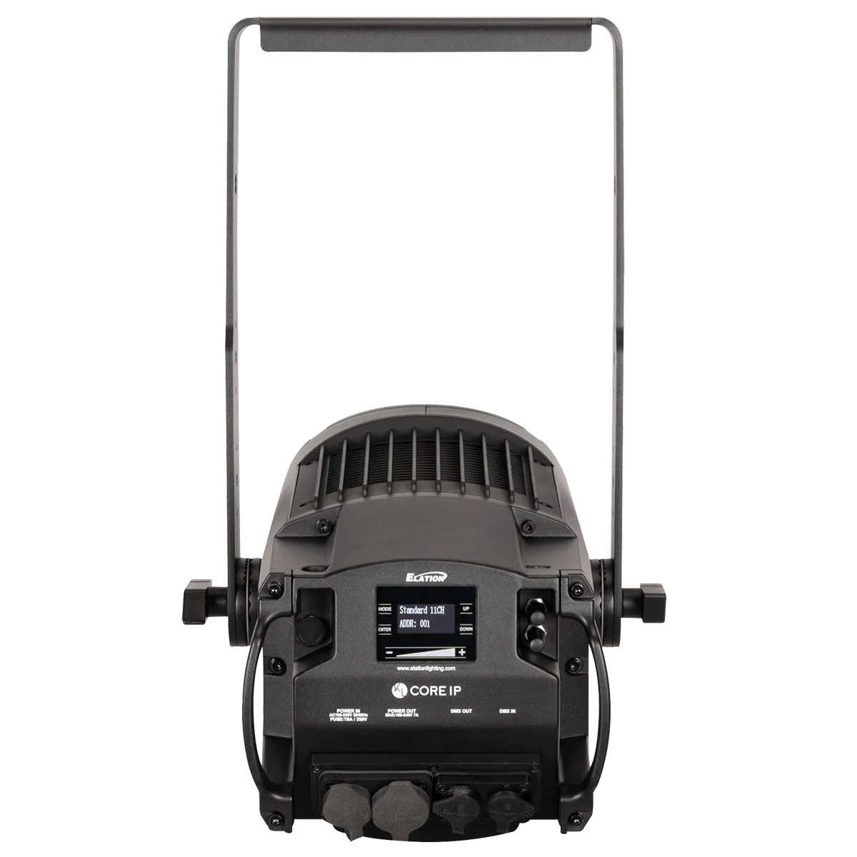 Rückansicht eines schwarzen LED-Scheinwerfers mit Display und Bedienfeld.