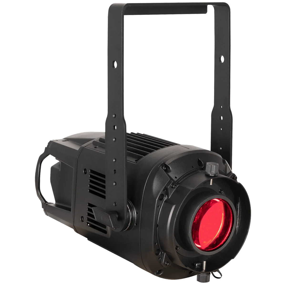 Schwarzer LED-Scheinwerfer mit rotem Lichtaustritt nach vorn gerichtet.