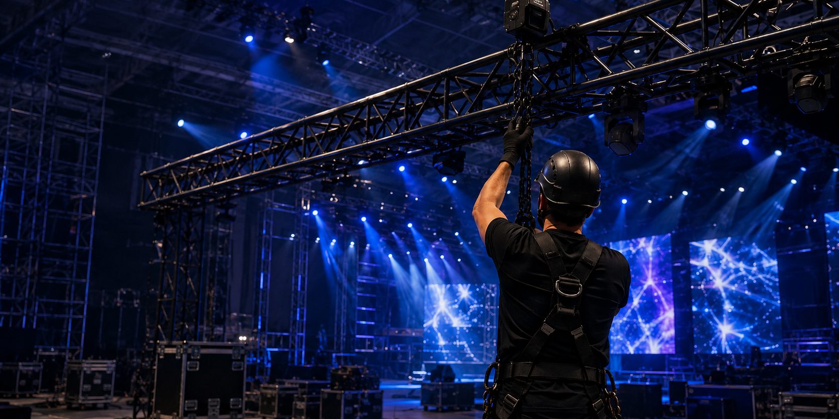 Event Safety Allianz Prolight + Sound Guangzhou Techniker beim Aufbau einer Bühnentraverse mit Lichttechnik und blauer Showbeleuchtung