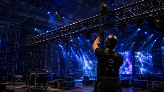 Techniker beim Aufbau einer Bühnentraverse mit Lichttechnik und blauer Showbeleuchtung