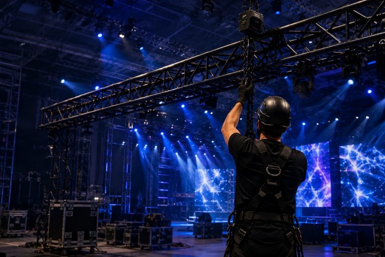 Techniker beim Aufbau einer Bühnentraverse mit Lichttechnik und blauer Showbeleuchtung