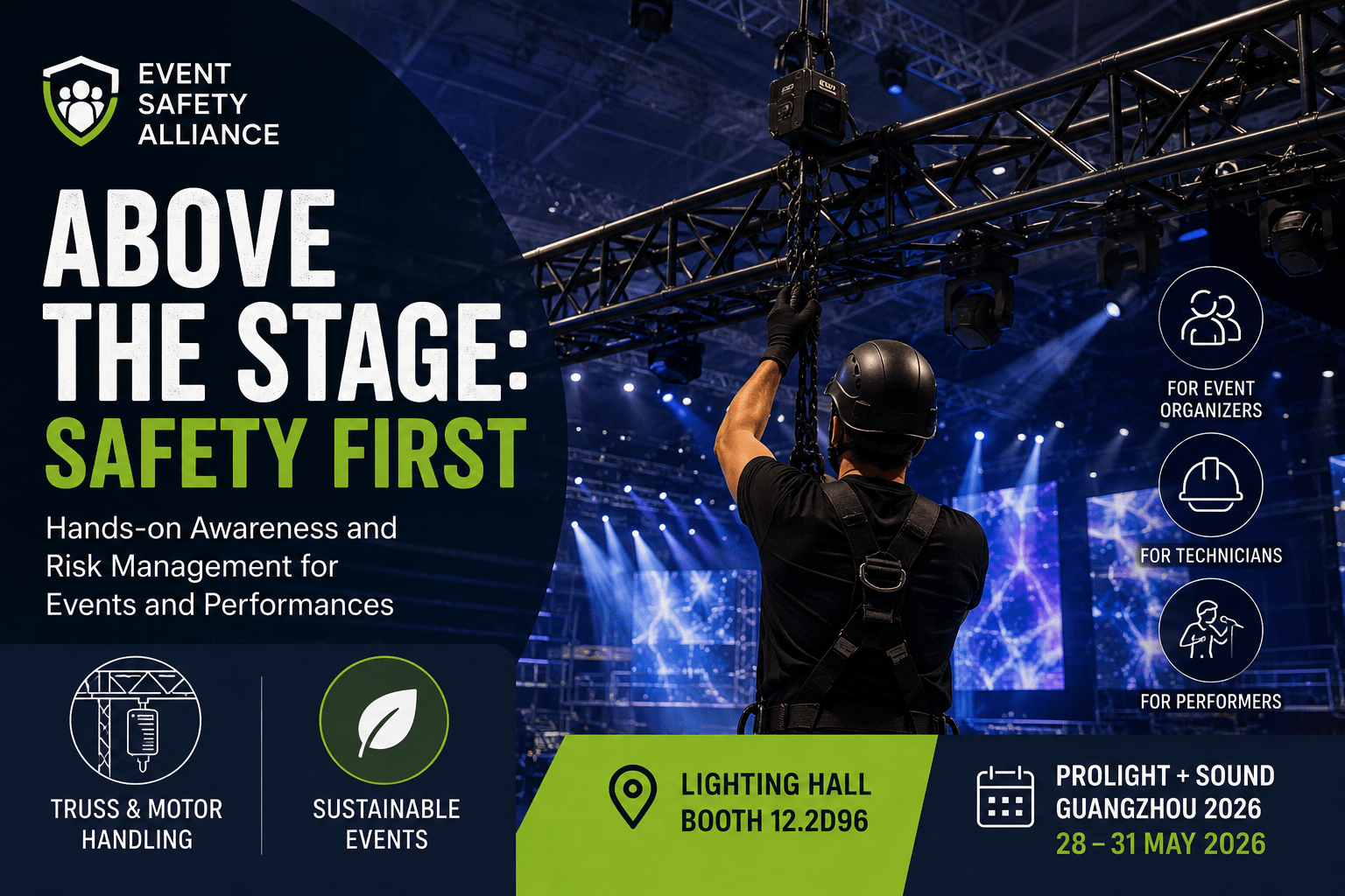 Event-Safety-Banner mit Rigging-Motiv, Sessiontitel, Zielgruppen und Messedaten
