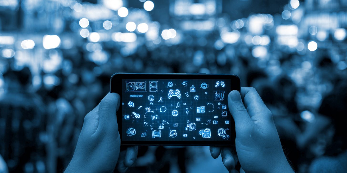 Gamification Event-Branche Eine Person hält ein Smartphone mit leuchtenden Gaming-Symbolen vor einer verschwommenen Menschenmenge.