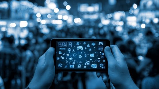 Eine Person hält ein Smartphone mit leuchtenden Gaming-Symbolen vor einer verschwommenen Menschenmenge.