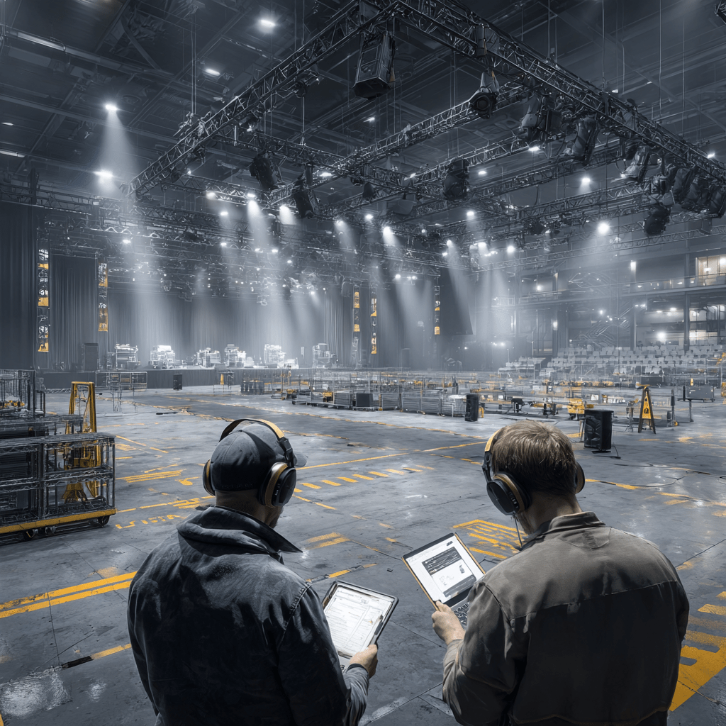 Techniker prüfen Eventhalle mit Tablets vor dem Aufbau, Fokus auf Planung und Sicherheit