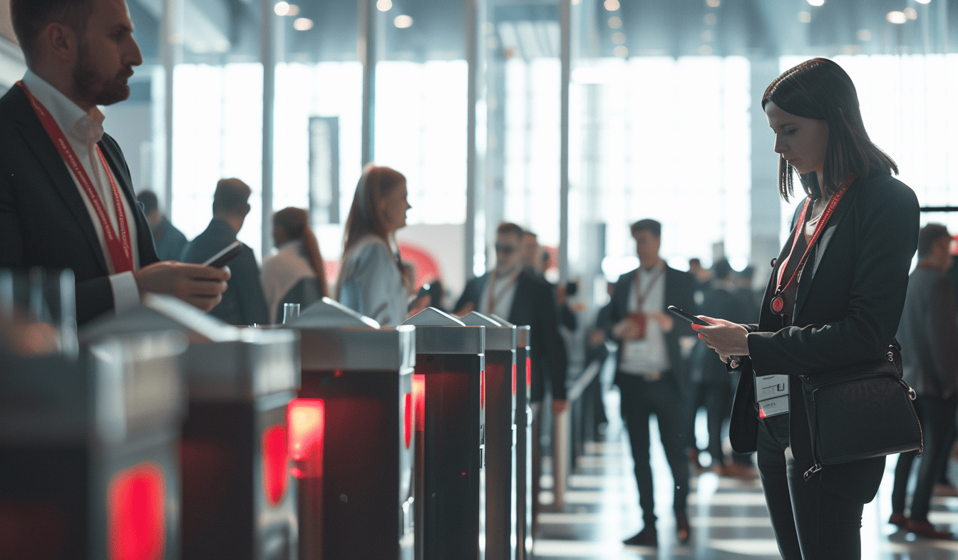 Messeteilnehmende scannen Ausweise am Einlass, ruhige und organisierte Zugangssituation.