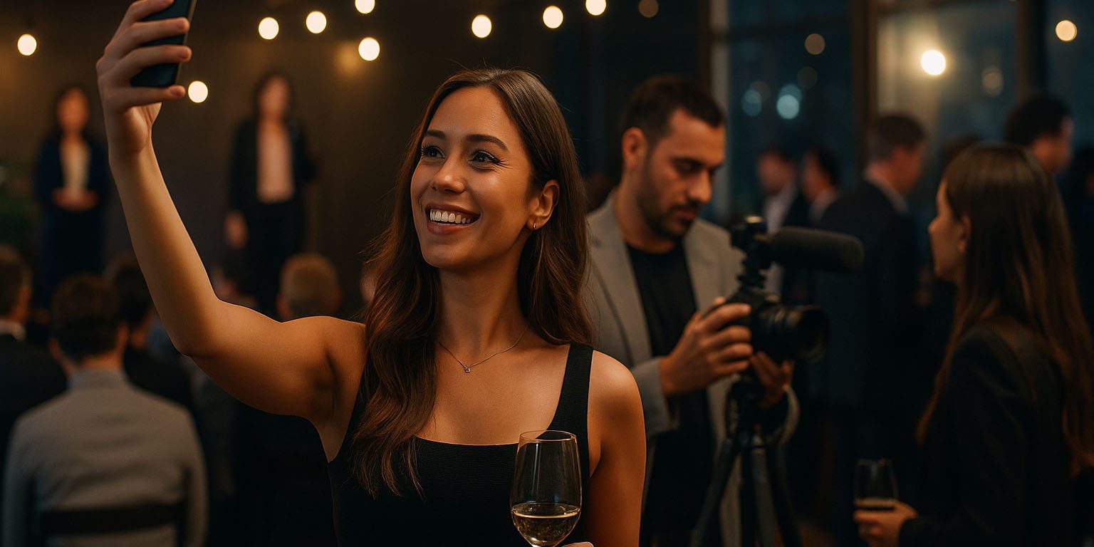 Influencer Marketing Events Influencerin macht ein Selfie auf einem eleganten Event mit Publikum und Kamera-Team im Hintergrund.