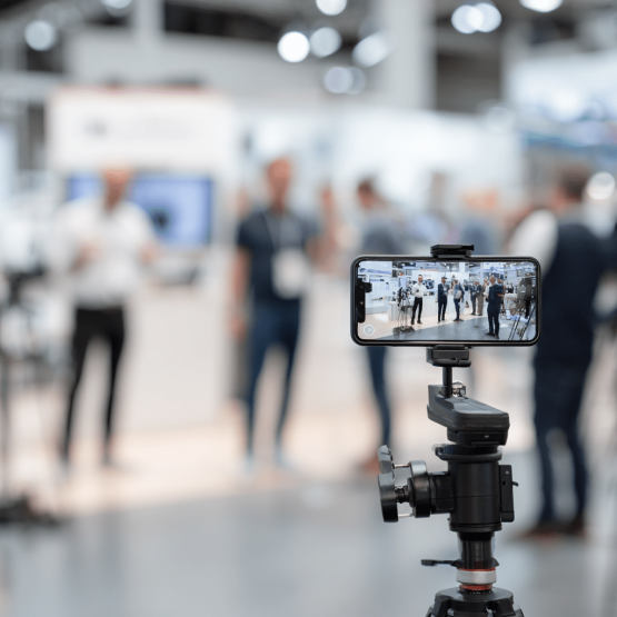 Smartphone auf Stativ filmt Event für Streaming mit Influencern in moderner Messehalle