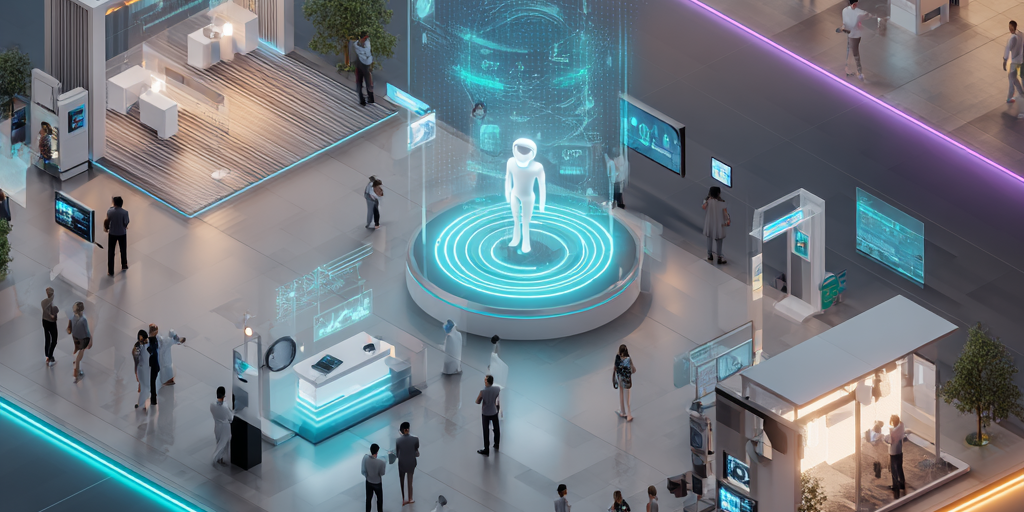 KI-Agenten auf Events – Interaktive Zukunft der Veranstaltungsbranche Digitale Eventfläche mit holografischem KI-Agenten und interaktiven Infoständen auf einer Messe