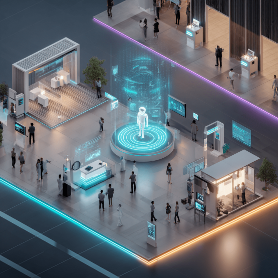 Digitale Eventfläche mit holografischem KI-Agenten und interaktiven Infoständen auf einer Messe
