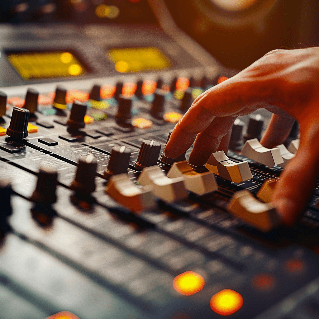 Hand operates the controls on an illuminated mixing desk in the recording studio. 