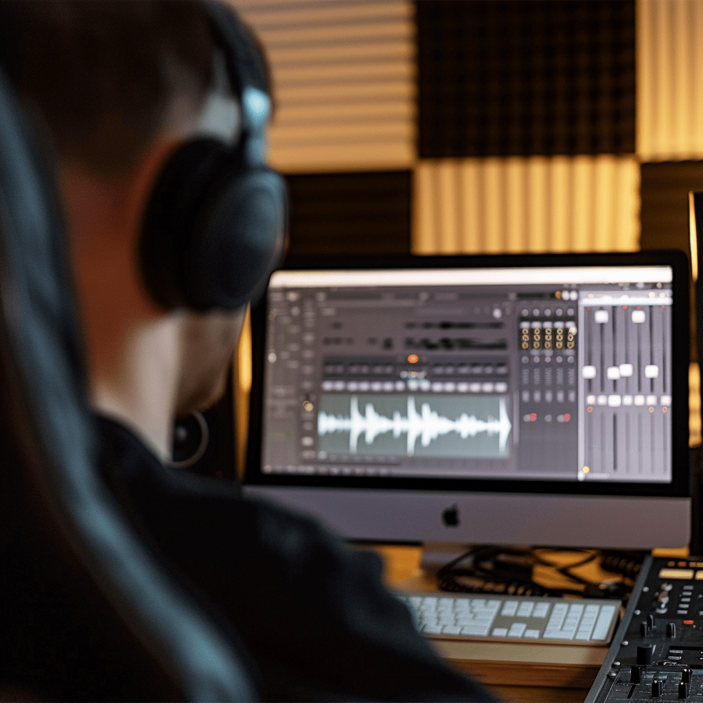A person wearing headphones is editing an audio track on a computer in the studio.
