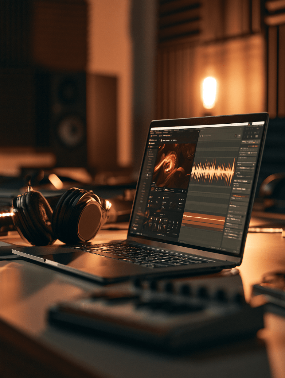 A laptop with an audio waveform and headphones on a studio desk.