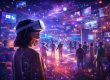 Frau mit VR-Headset erlebt eine virtuelle Metaverse-Welt mit Avataren und digitalen Displays.