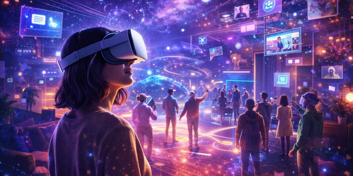Frau mit VR-Headset erlebt eine virtuelle Metaverse-Welt mit Avataren und digitalen Displays.