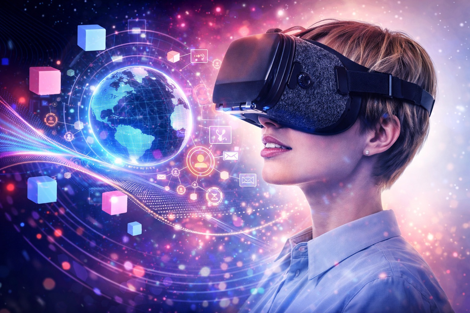 Woman with VR glasses interacts with digital world map and holographic metaverse elements.