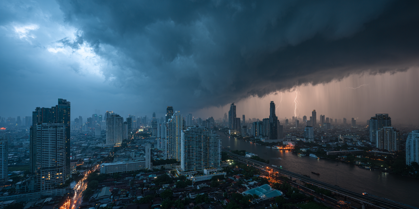 Bangkok Skyline unter dunklen Gewitterwolken, Starkregen zieht über die Stadt und den Fluss.