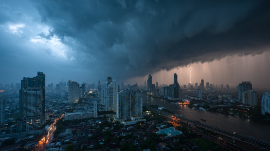 Bangkok Skyline unter dunklen Gewitterwolken, Starkregen zieht über die Stadt und den Fluss.