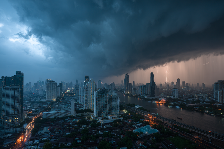 Bangkok Skyline unter dunklen Gewitterwolken, Starkregen zieht über die Stadt und den Fluss.