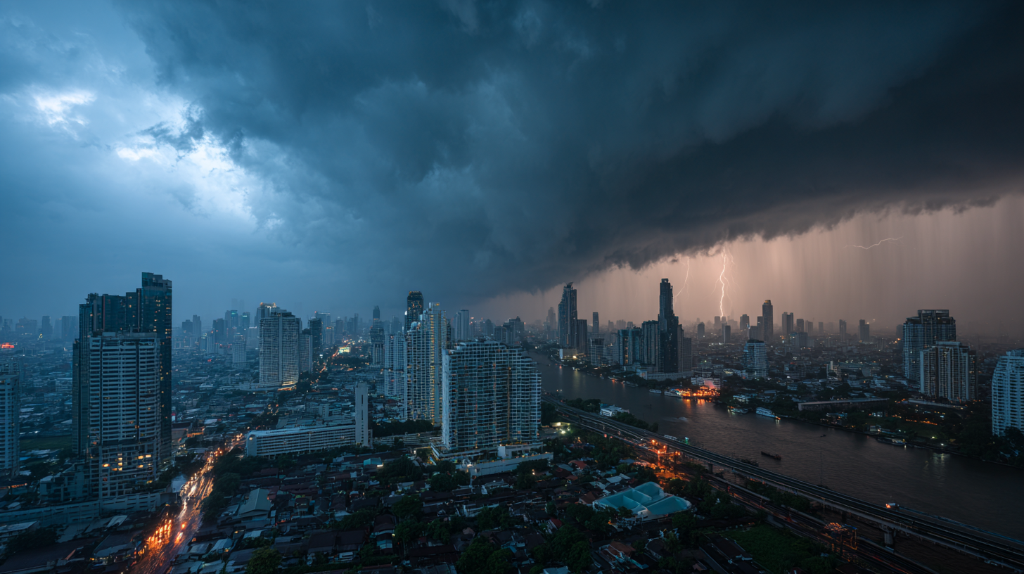 Bangkok Skyline unter dunklen Gewitterwolken, Starkregen zieht über die Stadt und den Fluss.