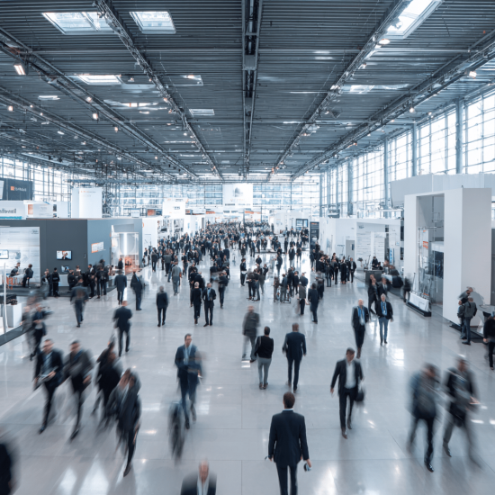 Menschenmenge auf Fachmesse als Sinnbild für den Nutzen und Aufwand von Messeauftritten
