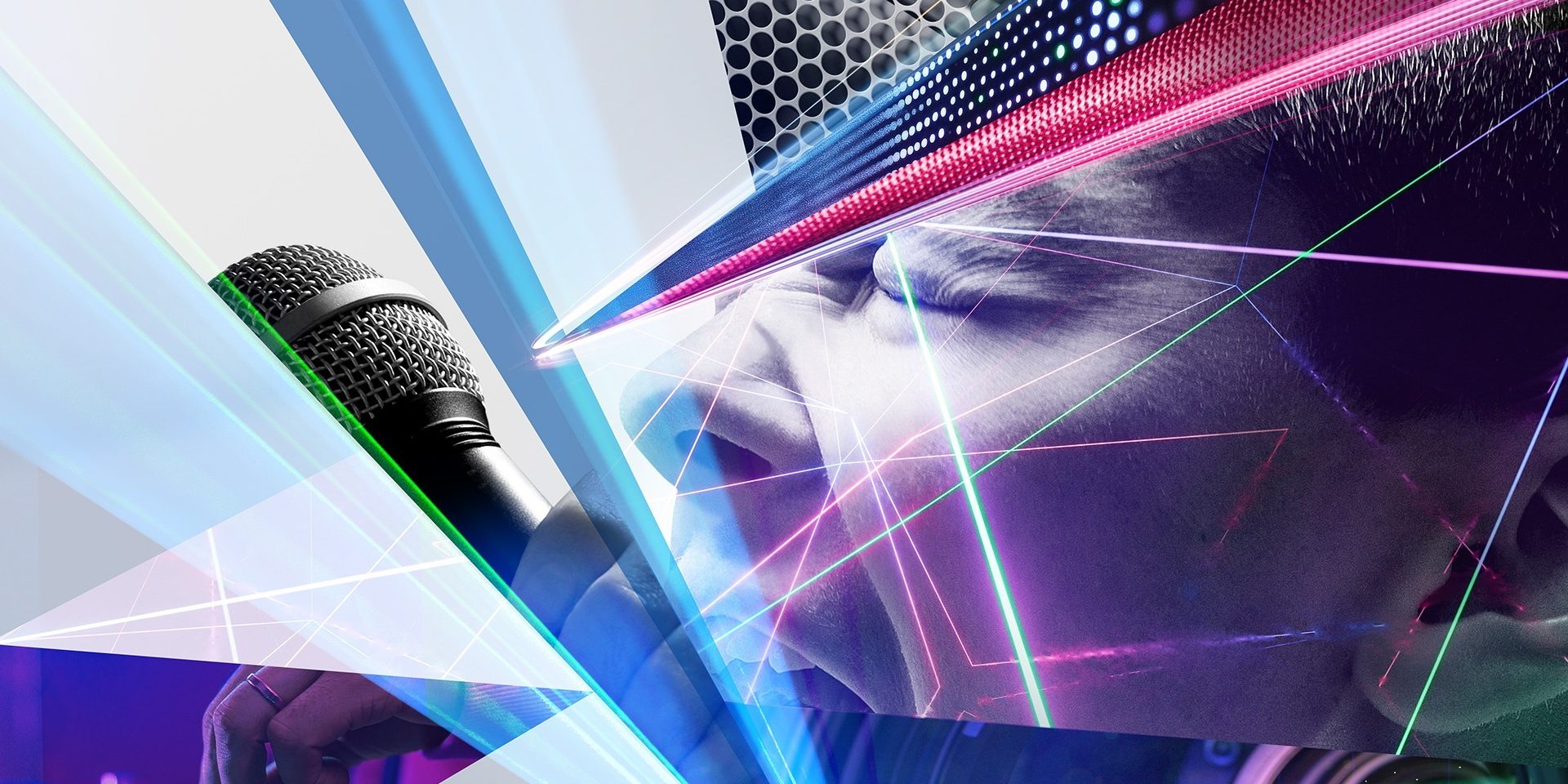 Das Key Visual vereint auf eindrucksvolle Weise die Energie moderner Live-Performance mit der Ästhetik digitaler Medientechnik: Im Zentrum steht ein leidenschaftlich singender Mensch mit Mikrofon, dessen Gesicht von leuchtenden Linien, Lasereffekten und digitalen Strukturen durchzogen ist. Elemente wie LED-Panels, abstrahierte Gitter und transparente Ebenen verschmelzen zu einer dynamischen Komposition, die Klang, Licht und Bewegung visuell erlebbar macht. Das Bild transportiert die Atmosphäre innovativer Veranstaltungstechnik – kraftvoll, multimedial und zukunftsgerichtet.