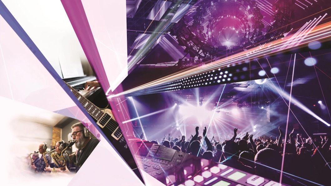 Colourful collage of concert lights, musicians, guitars and technology in a dynamic event atmosphere.